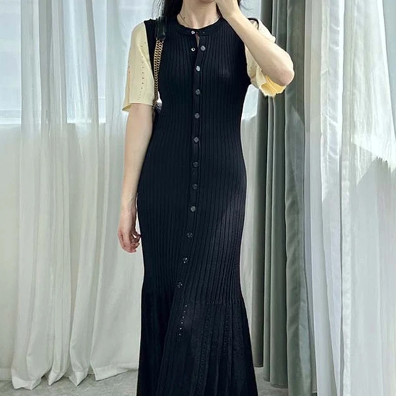 YuooMuoo Luxury Knitted Maxi Dress Women French Elegant Single-breasted Slim Waist Long Shirt Dress Lady Black Sweater Vestidos