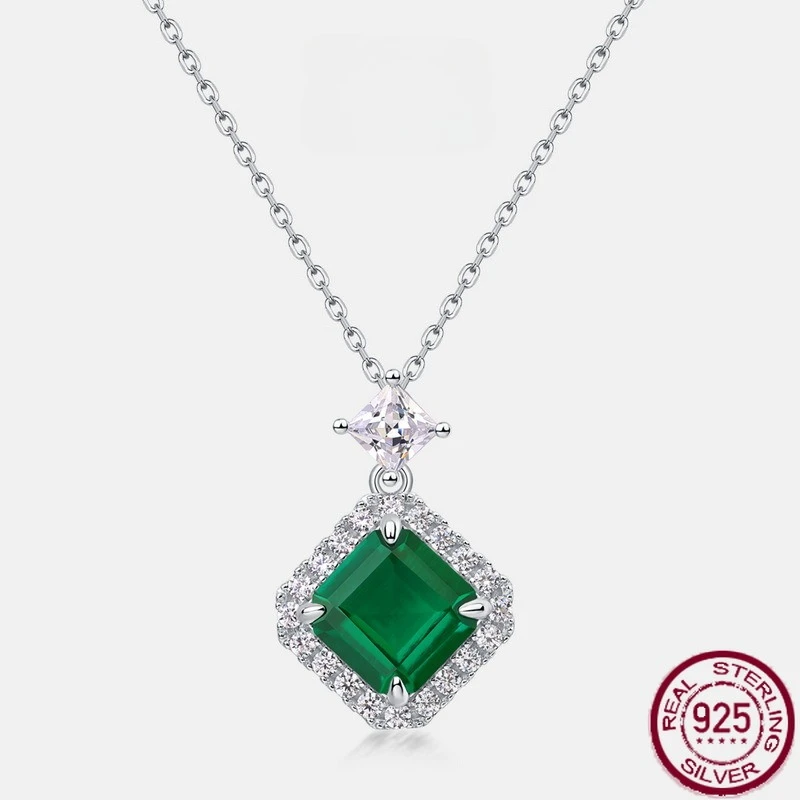 

New S925 pure silver square cultivated emerald retro full set brilliant colorful pendant light luxury wedding jewelry