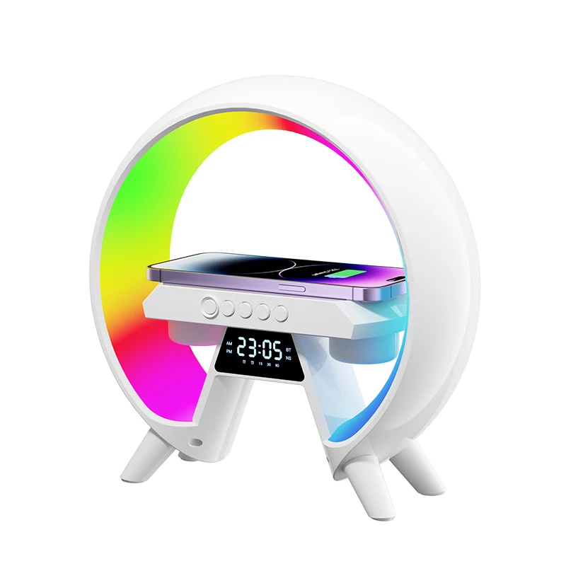 

G shape 3 in 1 wireless charger lamp speaker wireless charger with speaker light and clock transparent speaker