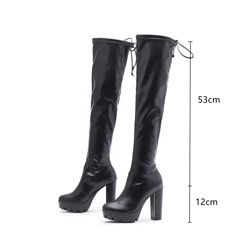 Fashion Patent Leather Women Thigh High Boots Autumn Winter Stretch Slim Platform Thick High Heels Over The Knee Boots Shoes