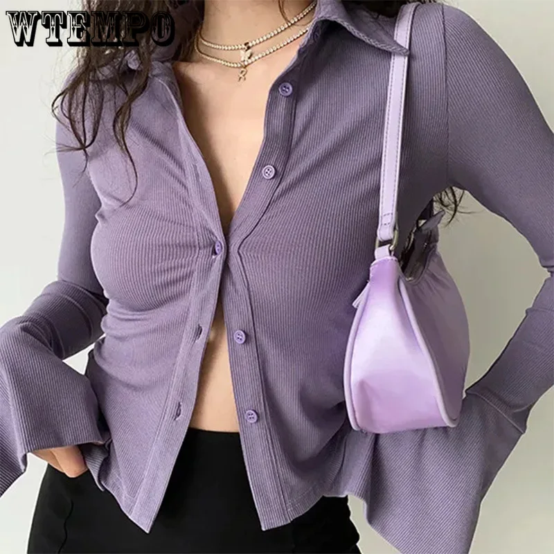 Flared-sleeve Shirt Polo Collar Lapel Five-color All-match Women\'s Slim Stretch Long-sleeved Top  Women Shirts Blouses