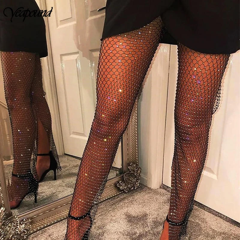 Fishing Net Crystal Diamond Shiny Women Pants Summer Sexy Hollow Out Elastic Fishnet Trousers Fashion See Through Pant