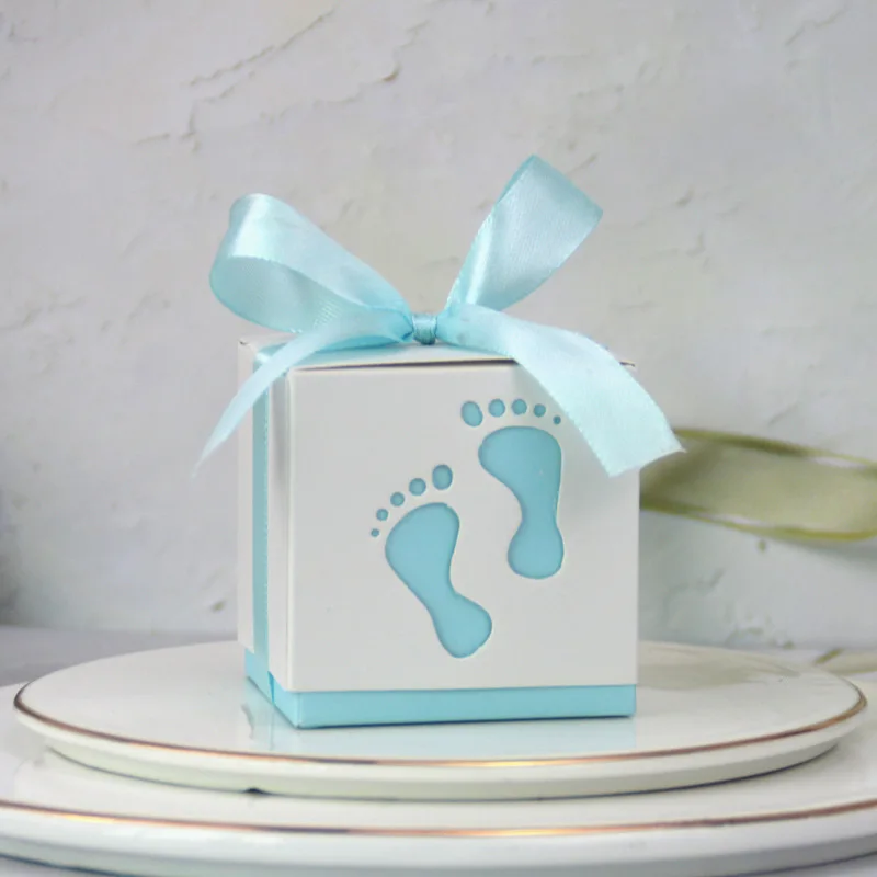 

50pcs Baby Shower Favor Boxes Blue Footprint Candy Boxes with Ribbons for Baby Boy Gender Reveal Party Newborn Party Decorations