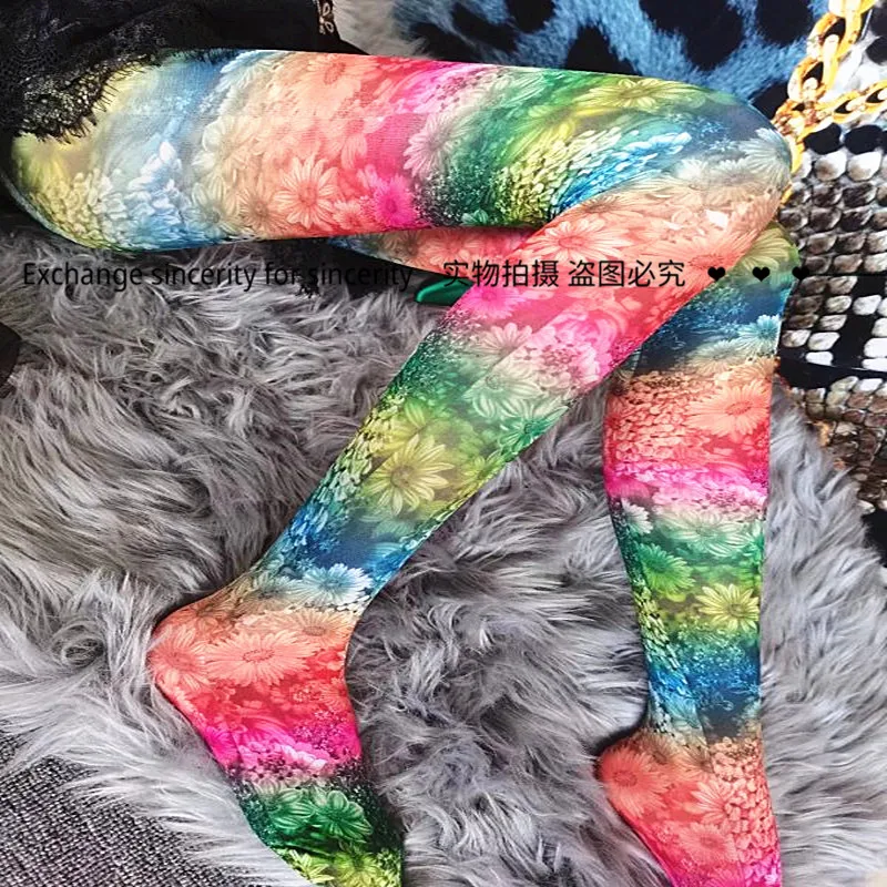 Angel In Stock Original Design 3D Printed Blooming Mult‑Flower Color‑Block Pantyhose, Cute Style Thin Women Fashion Tights