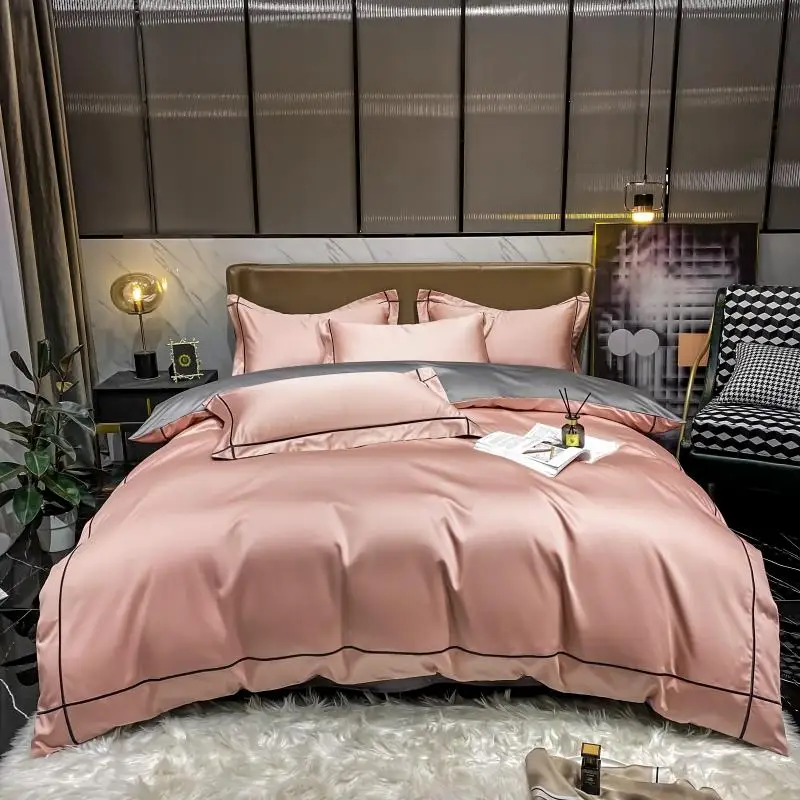 

Egyptian Cotton Hotel Style Bedding Set Luxury Stripe Embroidery Pink Duvet Cover Bed Sheet Pillowcases Mattress Cover 1.8M