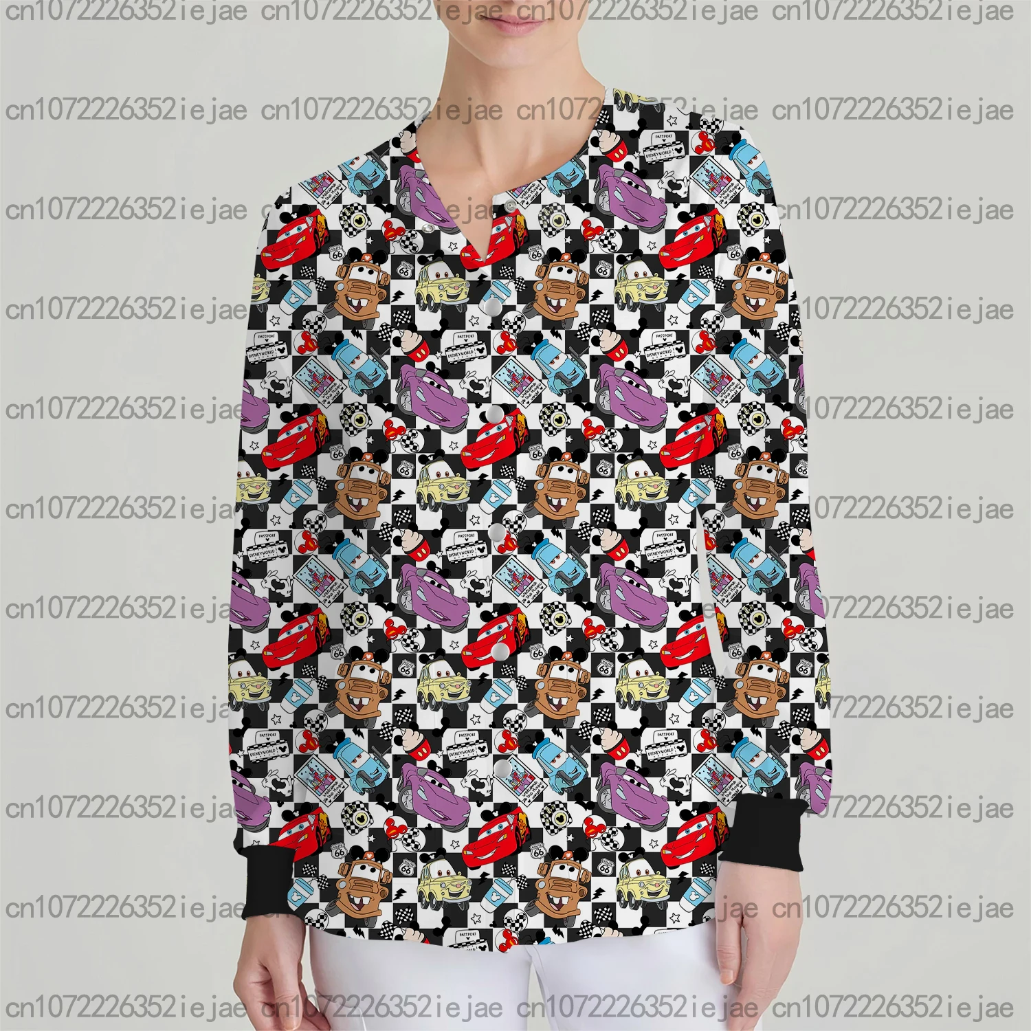 

Dentist Work Clothes Women's Long Sleeve Button Fashion Jacket Cardigan New Cartoon Lightning McQueen Printed Nurse Uniform