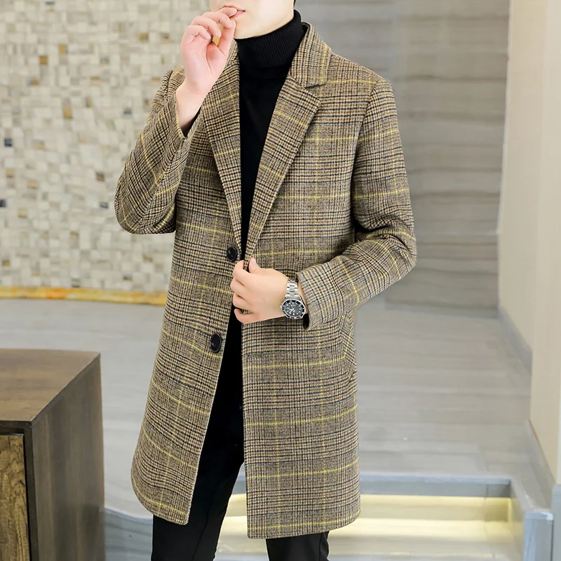 Stylish Men Plaid Wool Overcoat Camel Gray Woolen Overcoat Notched Collar Fall & Winter Confidence Menswear  Sizes 170-190 Wear
