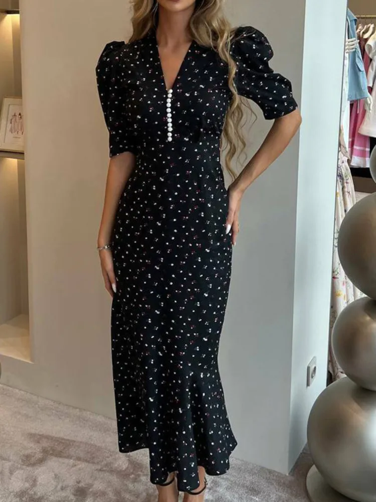 فستان Blifanbo مطبوع بأكمام قصيرة ورقبة على شكل V فستان ماكسي للنساء أنيق بخصر عالٍ وطباعة أزرار مثيرة ونحيفة للعطلات