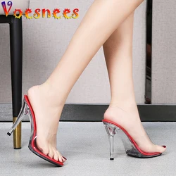 2022 Summer Women Shoes New Fashion Leopard Print Slippers Crystal Open Toed Sandals Women Sexy Transparent Heel 11cm High Heels