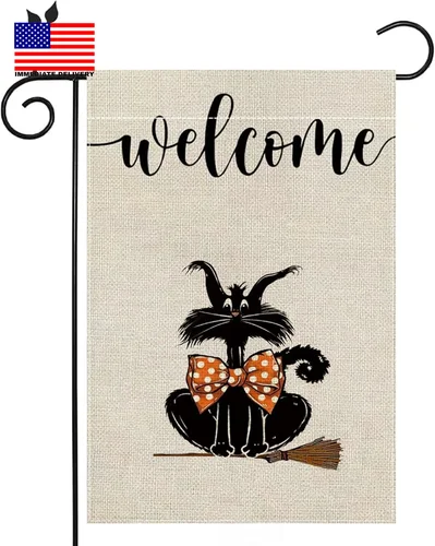 Boo Welcome Halloween Garden Flag 12X18 Inch Double-Sided Burlap Black Cat Pumpk EYY IIX SSL