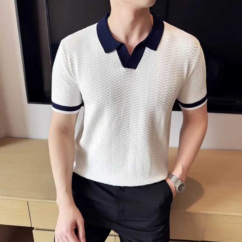 Summer Textured V-Neck Lapel Slim Short Sleeve Knit Polo Shirt Men's Business Casual Top
