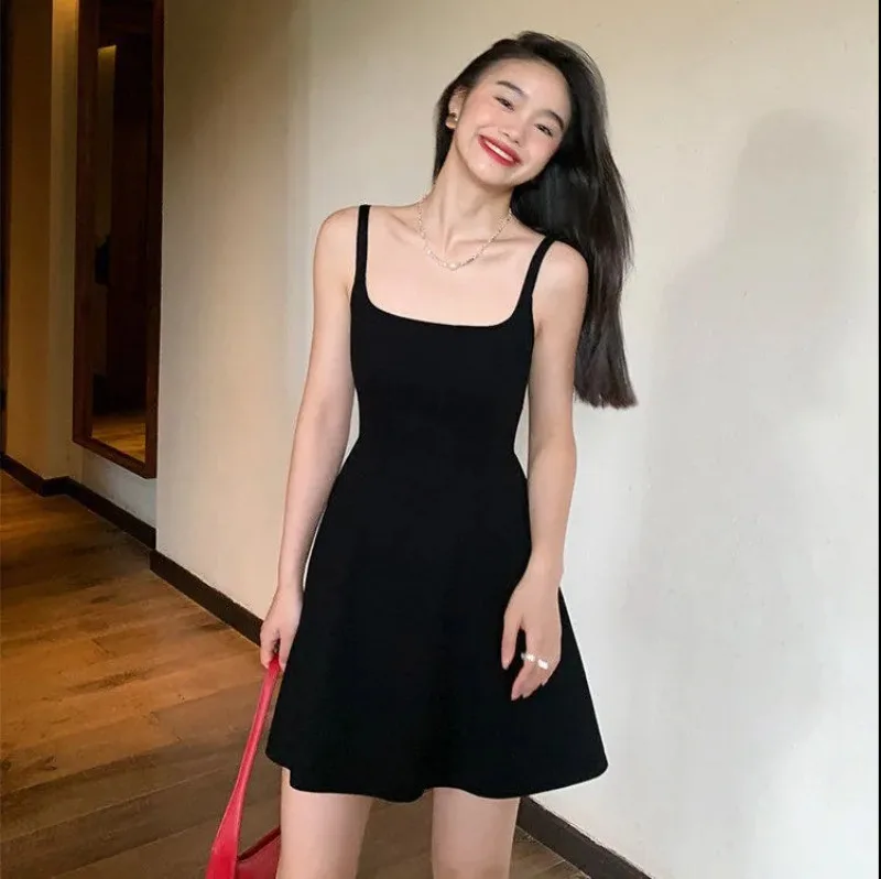 

Black Suspender Dress for Women's Summer 2024 New A-line High-end Patchwork Temperament Waist Tied Dresses Female Clothing