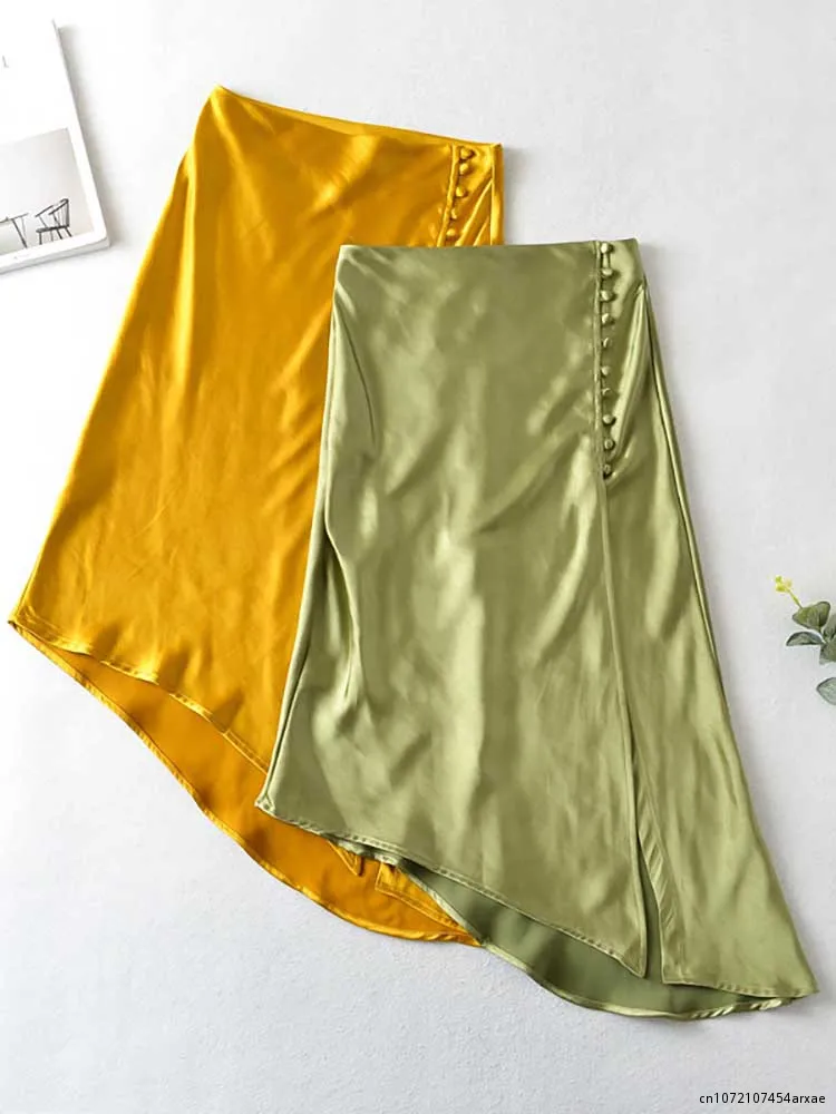 Women New Design Summer Stain Skirt Solid Yellow Green High Waist Female Side Split Sexy Ladies Silk Skirts