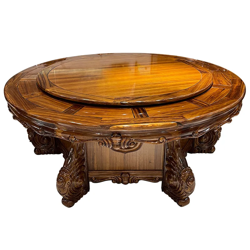 &European-Style Solid Wood Dining Table with Ruyi Carving Electric Rotating Leather Dining Chairs for Dining Room Restaurant Use