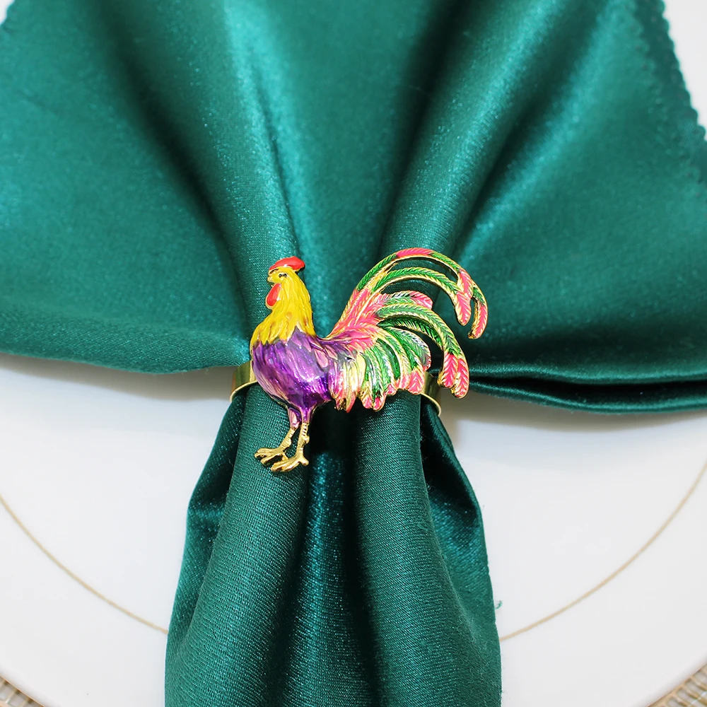 6Pcs Trendy Big Rooster Napkin Rings Multicolor Enamel Animal Napkin Holder for Wedding Banquet Decor French Jewelry Gift HWE108