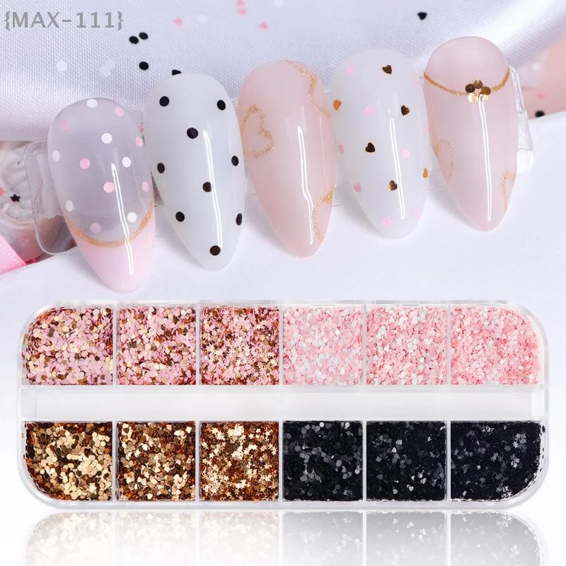 Star Heart Round Shape Nail Art Glitter Sequins (12 Grids) Holographic Nail Flakes&Mixed Iridescent Powder Stylish Nail Decora