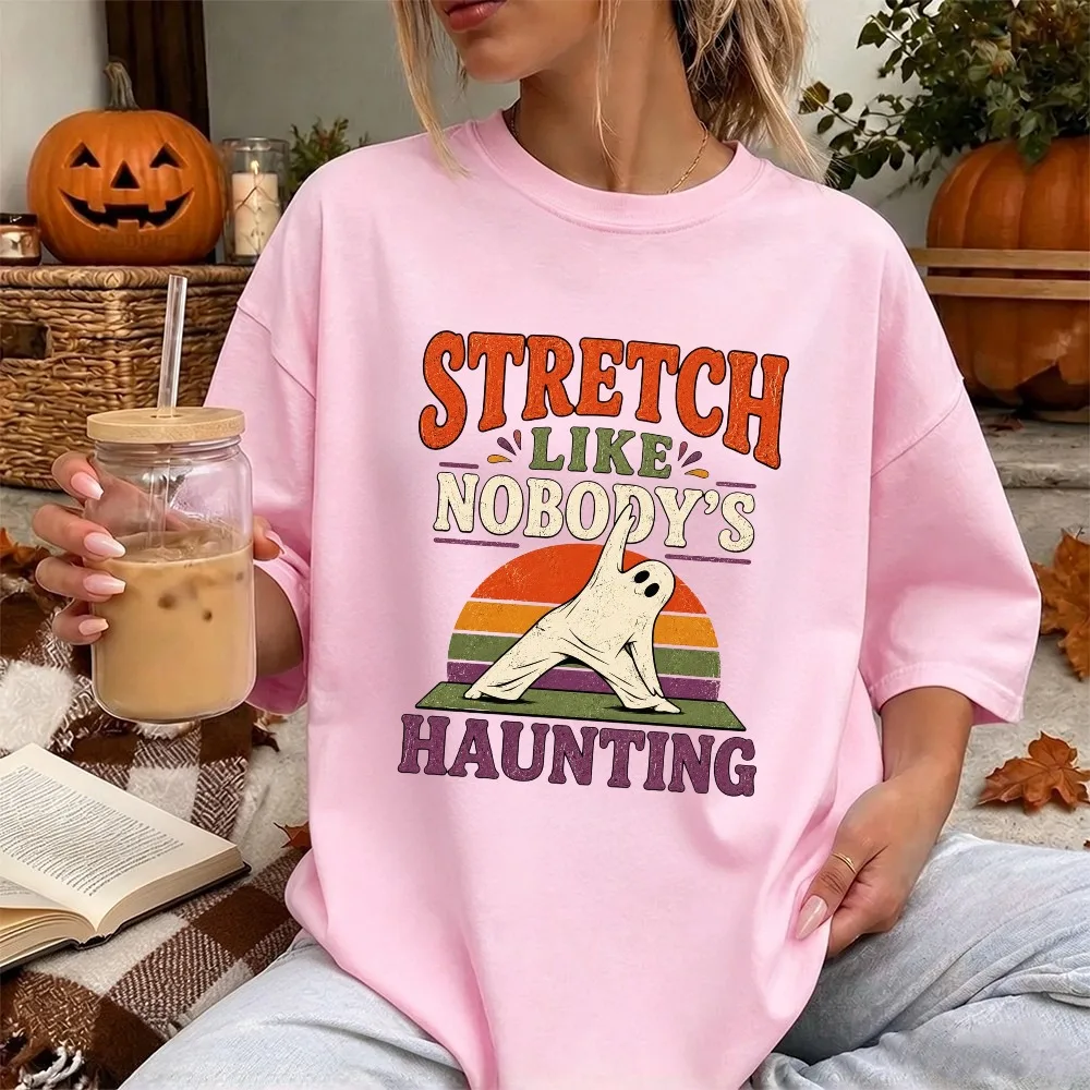 Stretch Like Nobodys Haunting Funny Ghost Yoga Tees Retro Sunset Graphic Unisex Cotton T-Shirt Holiday Vibes Tee Hallowmas Top