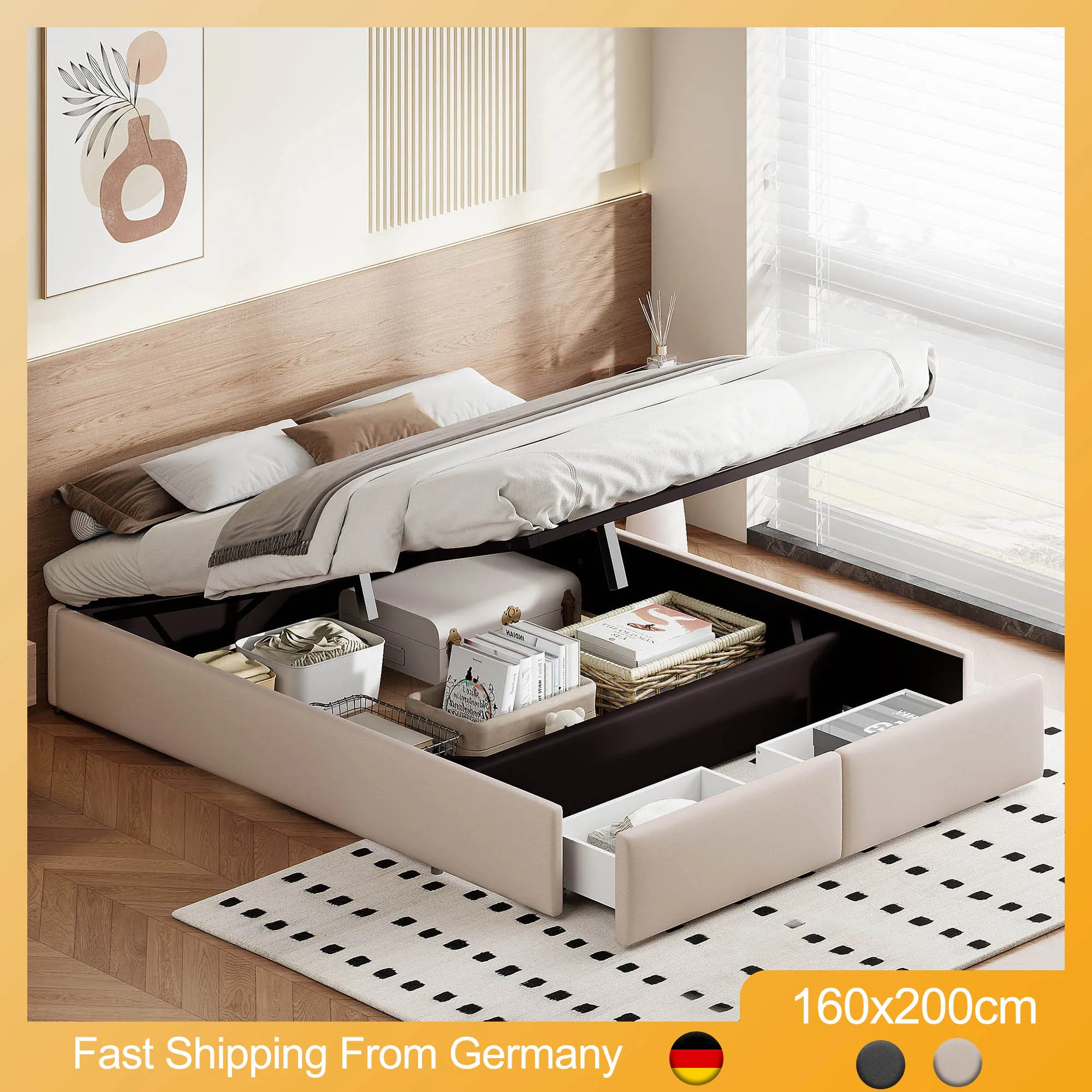 160x200cm Bed without Headboard, Padded Platform Bed Frame with Wooden Slatted Frame, Hydraulic Storage Bed with 2 Drawers