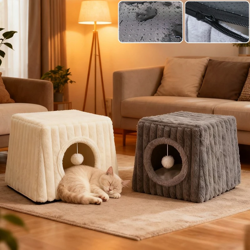 

New Winter Warm Pet Nest with Plush Ball Semi Enclosed Pet Cave Bed Removable Washable Cushion for Small Pet Indoor Outdoor Use