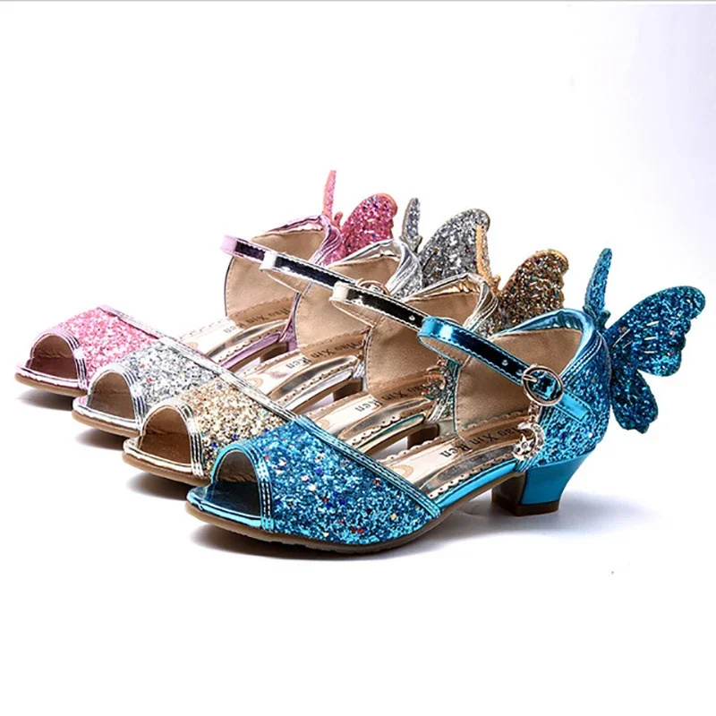 Girls Sandals Princess Shoes Sequined Butterfly High Heel Waterproof Non-Slip Shiny Princess Crystal Children's Shoes