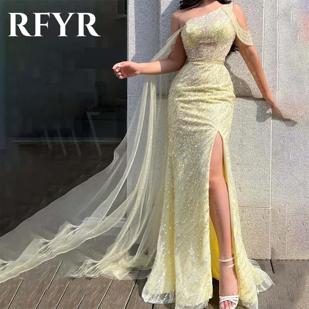 RFYR Yellow Trumpet Evening Dresses Corset Vestidos De Noche Sequins Tulle Prom Dress with Pleats One Shoulder Long Party Dress