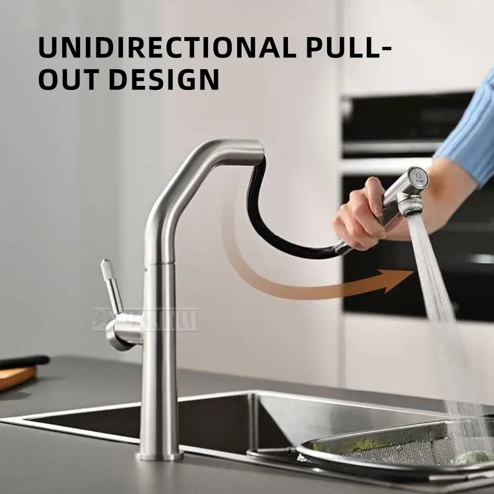 3-in-1 Kitchen Faucet with Hot/Cold Water; High-End Brushed Nickel; Single-Basin Pull-Out Swivel for Household