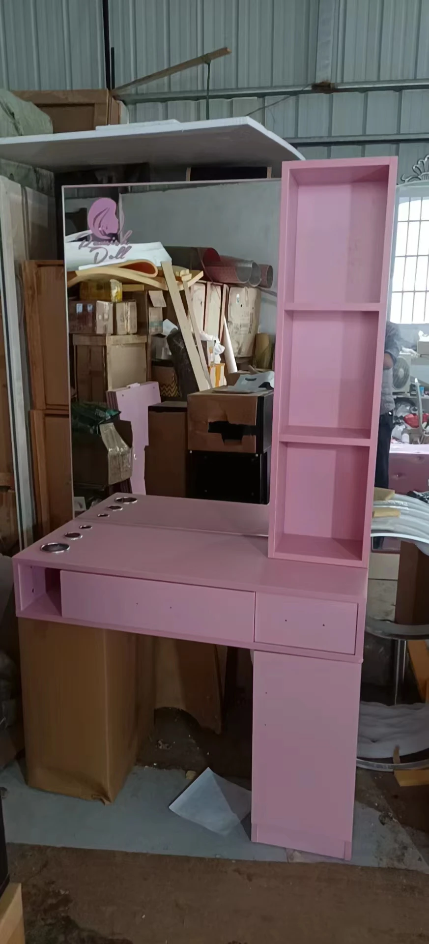 Clássico logotipo rosa grande capacidade estação de maquiagem profissional espelhos de cabeleireiro estações branco salão de beleza espelhos