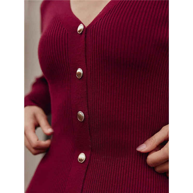 FX-Dames 2025, herfst trendy midi-sweaterjurk, casual v-hals, lange mouwen, geribbeld gebreide winter bodycon-jurken