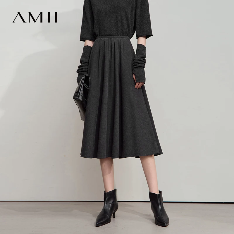 AMII 2026 New Office Lady A-line Skirt Loose Solid Casual Elastic Waist Simple Midi Gray Skirts Women's Bottoms Clothes 12543108