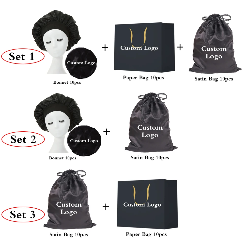 Personized Adjustable Silk Storage Bags Custom Colorful Hair Packaging Bag With Logo Satin Bonnet For Sleeping 20/30 Pcs Wig Kit