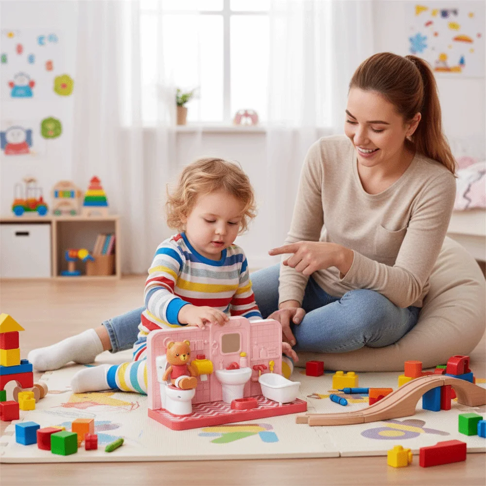 

Игрушка-симулятор ванной комнаты в виде медведя, развивающая игрушка, мебель для кукольного домика, забавная электронная игрушка-туалет, модель-симулятор, мультяшный дизайн