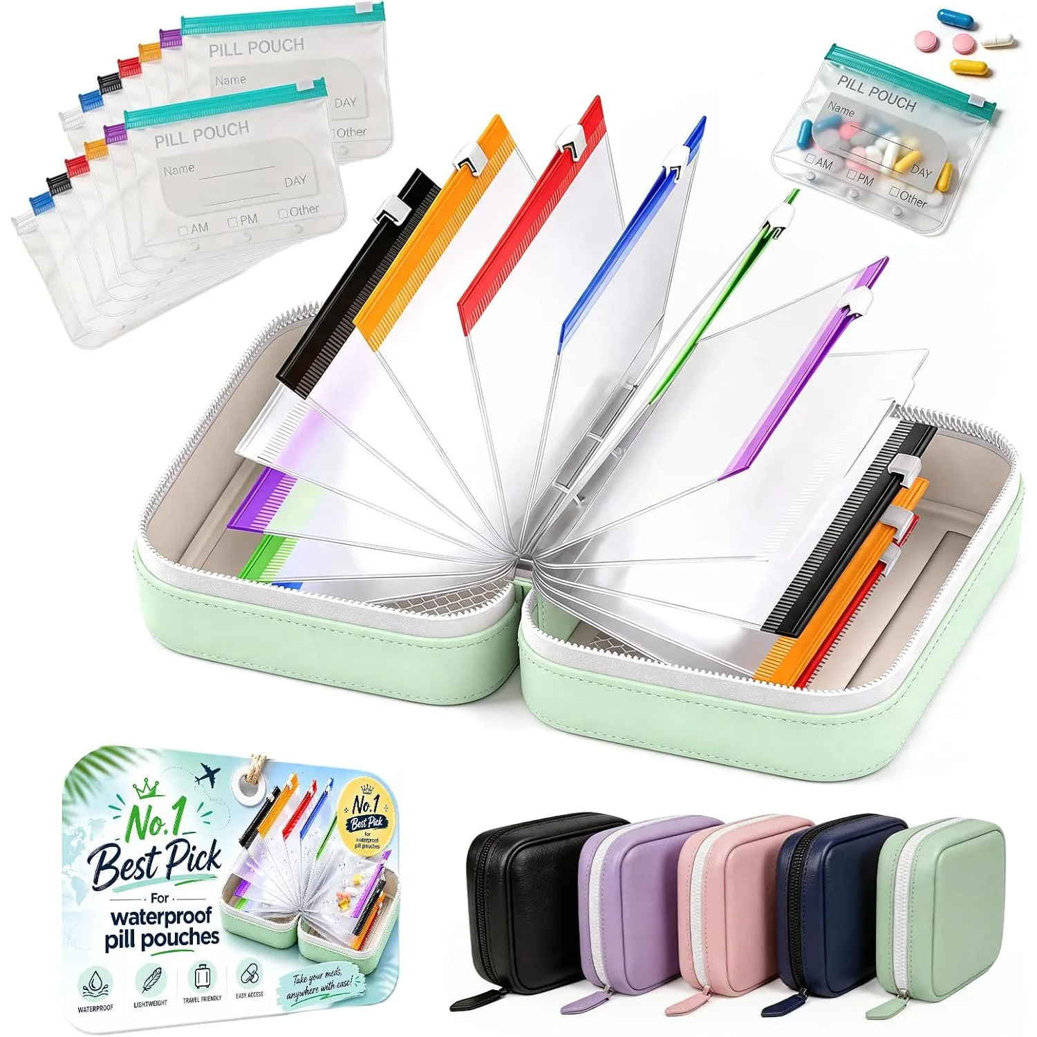 14 Day Travel Pill Kit Personal Medicine Organizer Case A8 Waterproof Pill Pouch for Travel Storage Binder Purse Zipper Pocket