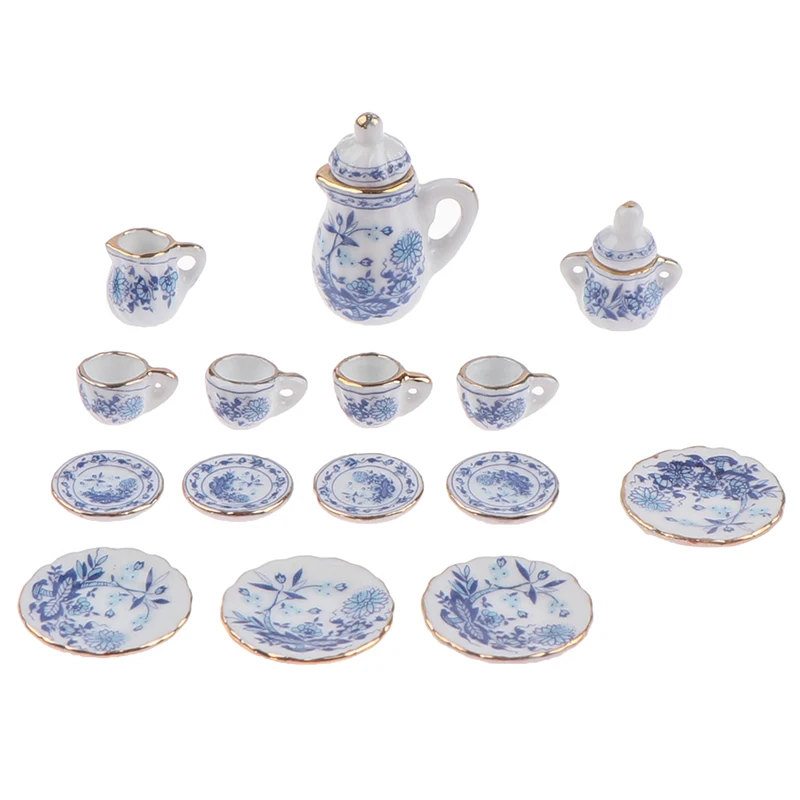 Vajilla en miniatura para casa de muñecas, juego de tazas de té de cerámica y porcelana, 15 piezas, 1:12