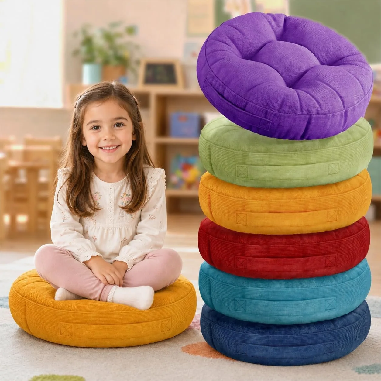 

6Pcs Round Floor Cushions for Kids, Flexible Seating with Handles for Classroom, 15-inch Assorted Colors