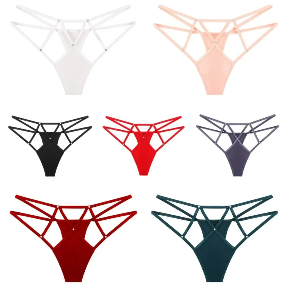 Elastic Sexy Hollow Out Thongs Embroidery Cotton Crotch Sexy G Strings Underpants Low-Waist Briefs Ice Silk Panties Female