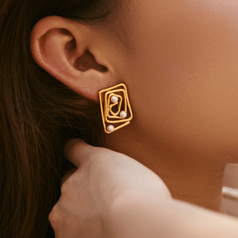 PAPERPLUS | Geometric Pearl Earrings for Women. Stainless Steel. Elegant Gift. Korean Fashion. Office Lady
