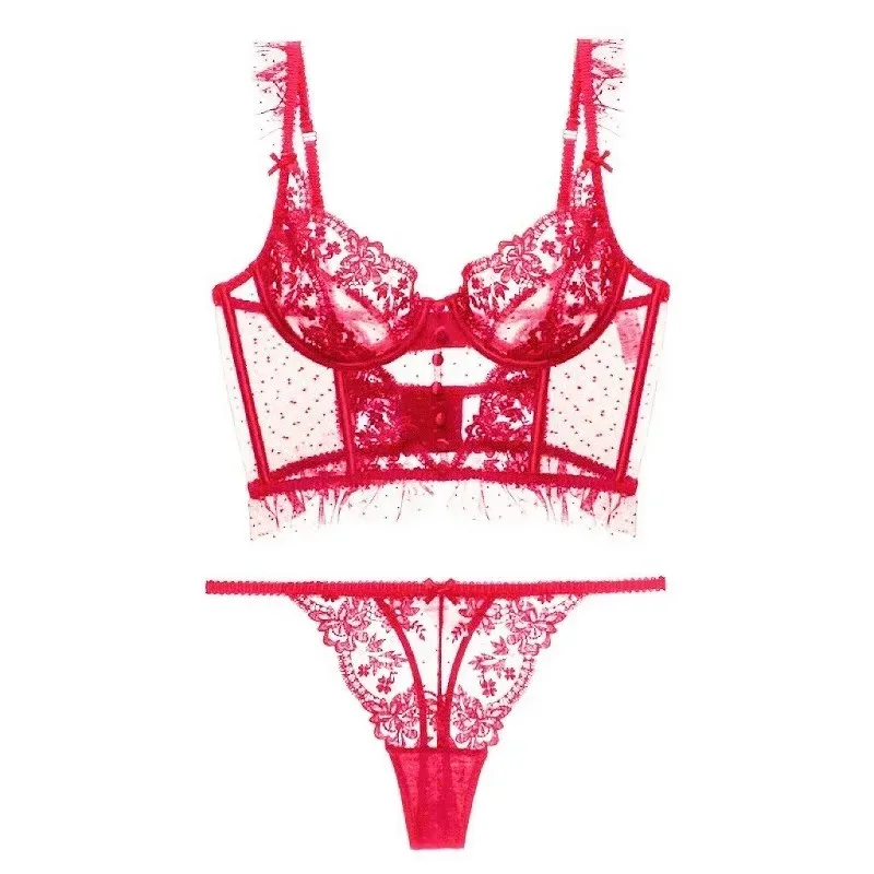 

Floral Lace Embroidery Bras Set Mesh Dot Women Sexy Lingerie Thin Push up Bralette Bra Thong Set See Through Red Underwear Sets