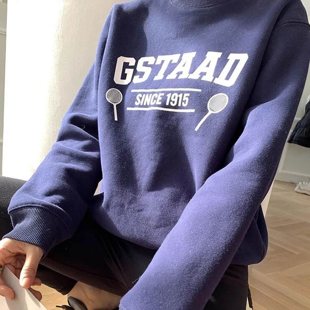 Gstaad Since 1915 Vintage Letters Printing Crewneck Sweatshirts Women Autumn Navy Long Sleeve Loose Cotton Thick Warm Pullover