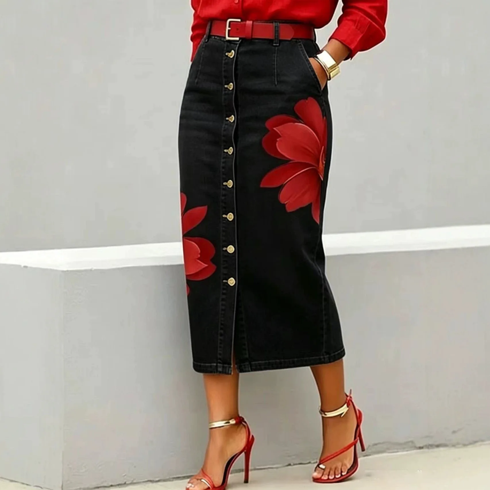 2026 Women Floral Print Denim Midi Skirt High Waist Front Button Split Vintage Flower Straight Jean Skirt Casual Female Skirts