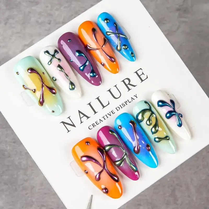 Handmade Medium Almond Press On Nails Colorful Gradient 3D Metallic Curve Fake Nails Y2K Abstract Liquid Design Summer Reusable