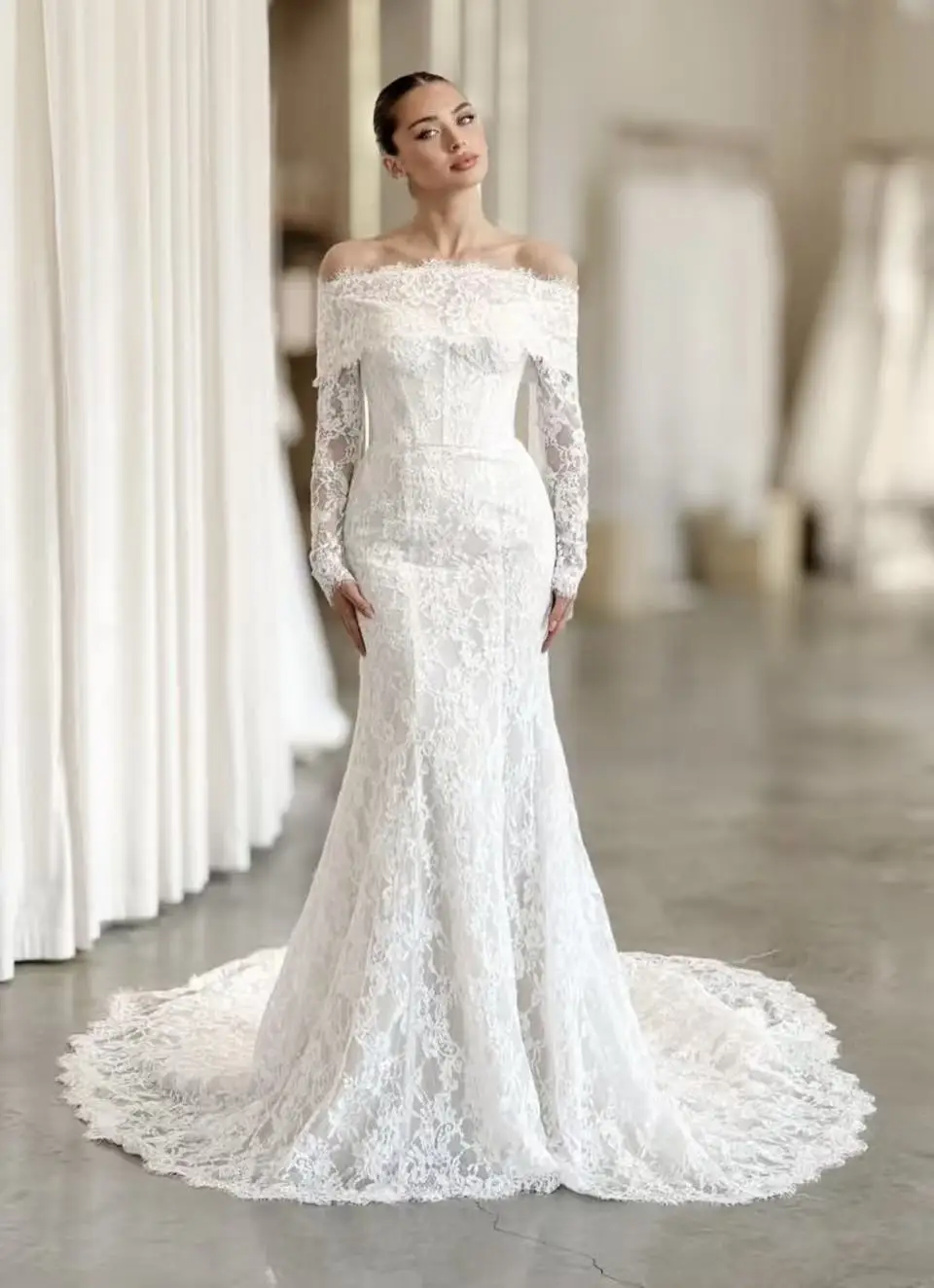 ONE LIFE lvory Lace Wedding Dresses Off The Shoulder Full Sleeves Bridal Gowns Women Sweep Train Bride Dresses Customized
