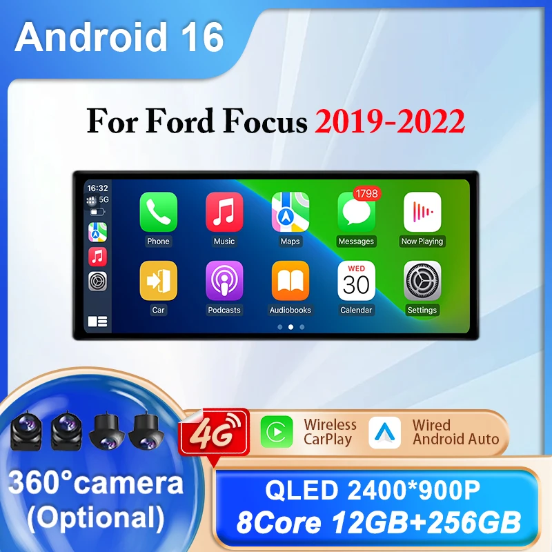 

12,3-дюймовый QLED-экран автомобильной магнитолы для Ford Focus 2019-2022, мультимедийный видеоплеер, GPS, Bluetooth, DSP, беспроводной CarPlay, Android Auto