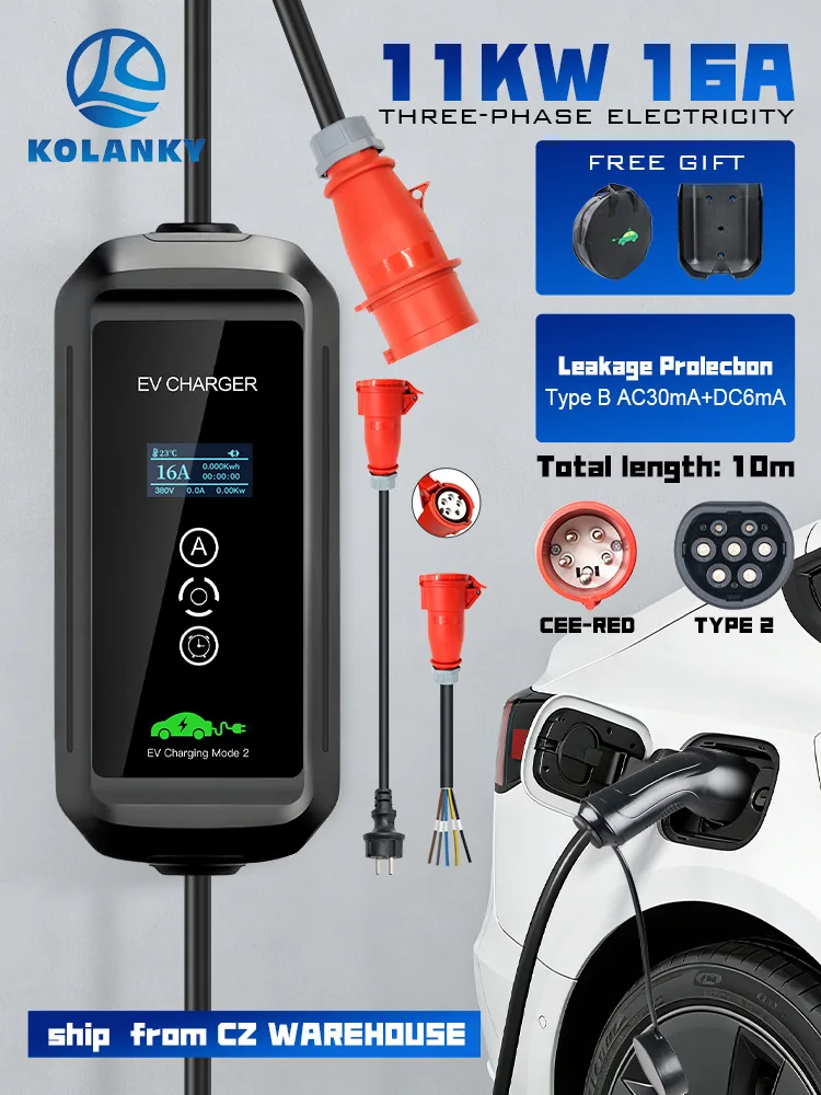 Kolanky Tragbares EV-Ladegerät 16A 11KW Typ B Schutzvorrichtung Heimladestation für EU-Elektrofahrzeuge 10M CEE Rote Steckdose zu Schuko-Stecker 0,5M, CEE Rote Steckdose mit 0,3M Kabel