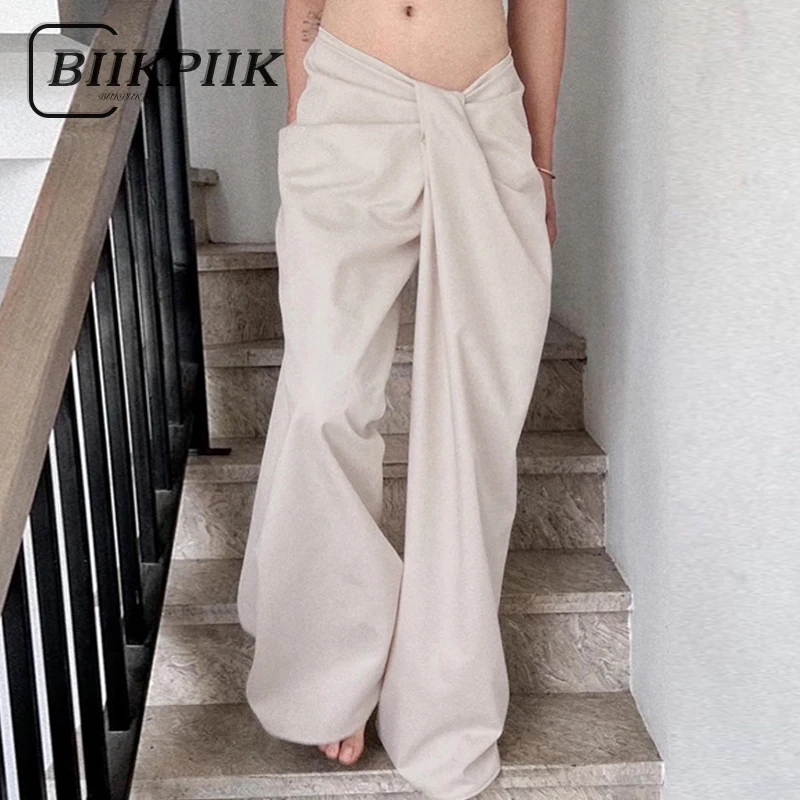 BIIKPIIK-Pantalon décontracté taille irrégulière pour femme, froncé blanc concis, coupe droite, fjFashion, vêtements élégants tout assortis