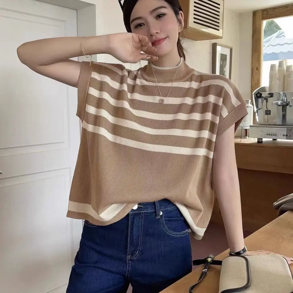 

Sweet Short Sleeve Knitwear Crop Top Ins Female Clothing Stripe Knitted T-shirt Bottoming Shirt Loose Casual Top Women Female