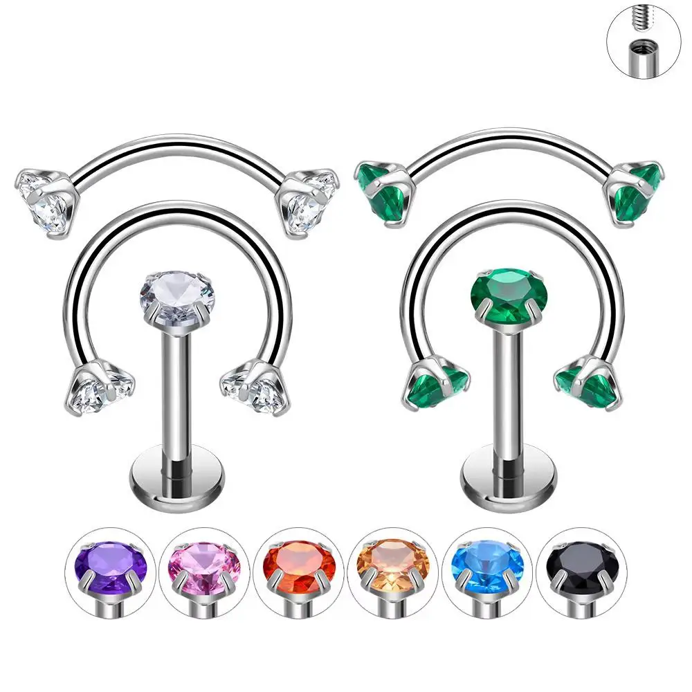 3pcs Stainless Steel Labret Lip Stud Internally Thread Curved Bar C Rod Septum Ring CZ Eyebrow Cartilage Body Piercing Jewelry