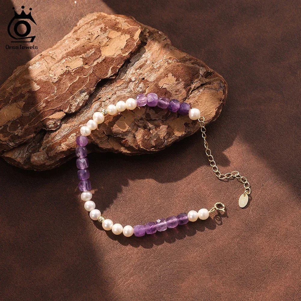 

ORSA JEWELS S925 Silver Natural Amethyst Beaded Bracelet for Women with Freshwater Pearls Gemstone Jewelry Stone Bracelet MPB17