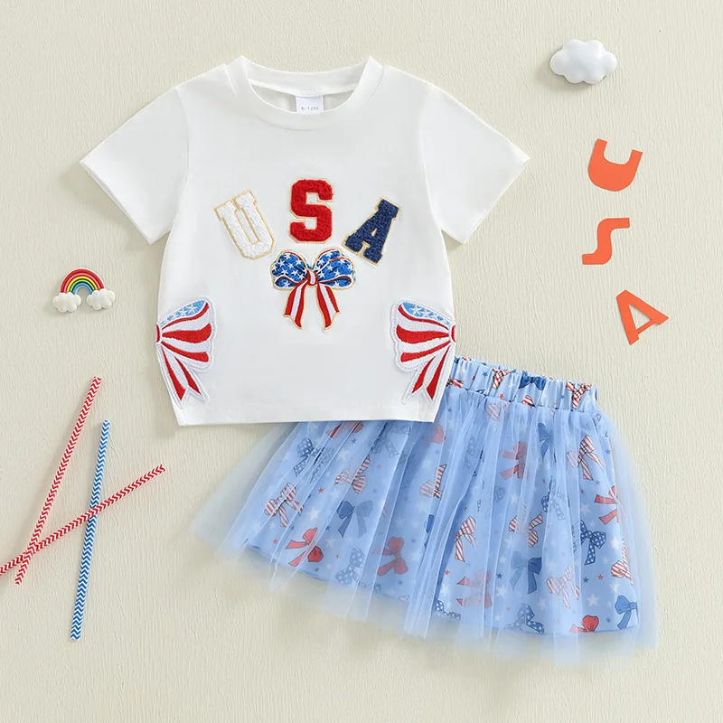 Abbigliamento da donna per il Giorno dell'Indipendenza, manica corta, girocollo, fiocco, lettera, ricamo, camicetta, gonna in tulle a trapezio