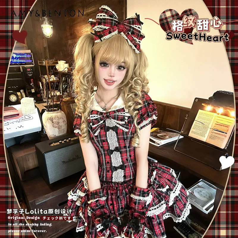 Robe bouffante à carreaux pour filles, manches bouffantes, coupe cintrée, col de poupée mignon, nœud, robe Lolita pour femmes, robes de soirée de princesse élégantes
