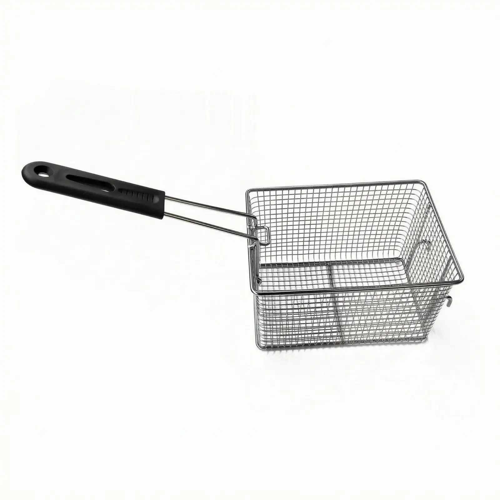 Steel Strainer Basket for Frying with Hinged Long Handle Black Grip Rectangular Fine Mesh Design Kitchen Cooking Aid